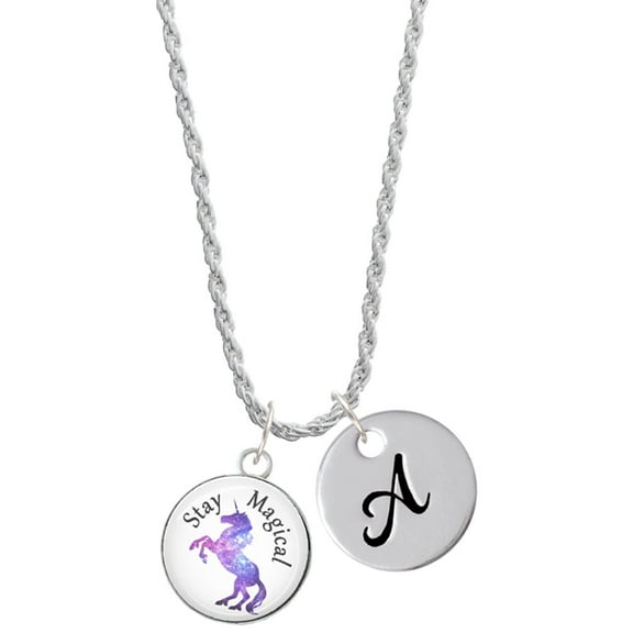 Delight Jewelry Silvertone Domed Stay Magical Unicorn Silvertone Script Initial Disc - A - Charm Necklace, 20"+3"