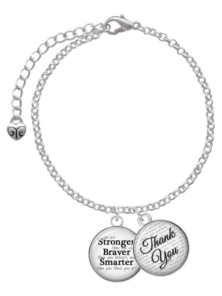 Delight Jewelry Silvertone Domed Stronger Braver Smarter - Domed Thank You Charm Bracelet, 6"+2"