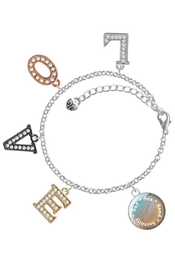 Silvertone Domed Sun Sea Sand Serenity Multi-Colored Crystal Love Charm Bracelet