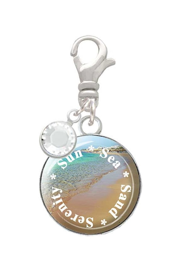 Silvertone Domed Sun Sea Sand Serenity - Silvertone Clip on Charm with Clear Crystal Drop