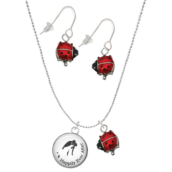 Delight Jewelry Silvertone Domed Wedding Couple Happily Ever After Red Lucky Ladybug Necklace and Dangle Earrings Set