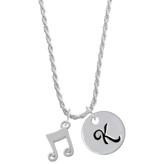 Delight Jewelry Silvertone Double Music Note Silvertone Script Initial Disc - K - Charm Necklace, 20"+3"