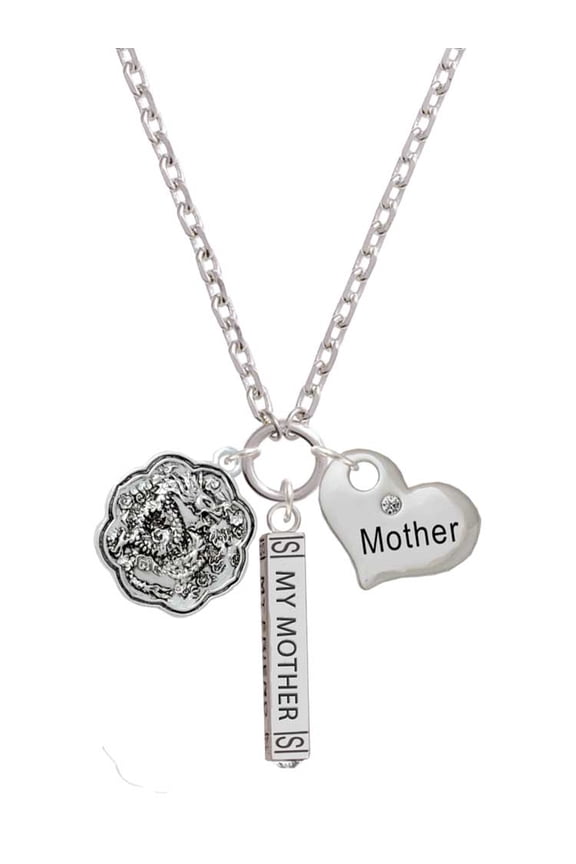 Silvertone Dragon and Phoenix Medallion Always My Mother Bar Zoe Necklace
