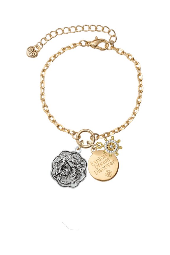 Silvertone Dragon and Phoenix Medallion Goldtone Discover Dream Explore Zoey Charm Bracelet, 6.5+2" Extender
