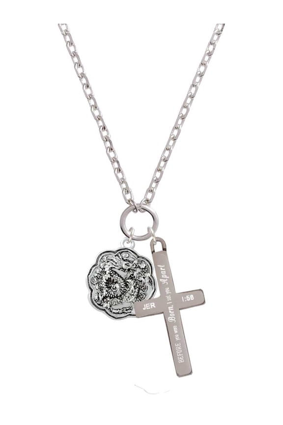 Silvertone Dragon and Phoenix Medallion I Set You Apart Engraved Cross Zoey Necklace, 28"