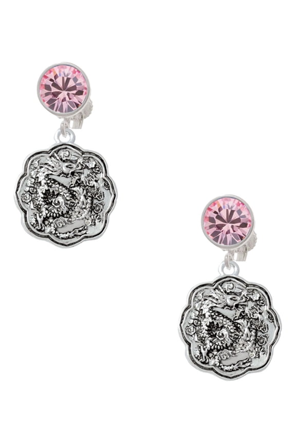 Silvertone Dragon and Phoenix Medallion Pink Crystal Clip on Earrings