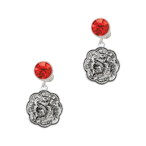 Delight Jewelry Silvertone Dragon and Phoenix Medallion Red Crystal Clip on Earrings