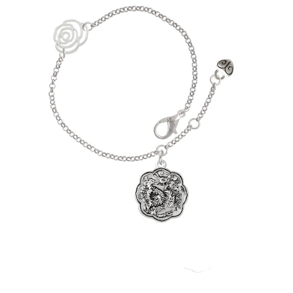 Delight Jewelry Silvertone Dragon and Phoenix Medallion Silver-tone Rose Link Chain Bracelet, 6.25"+1.75" Extender