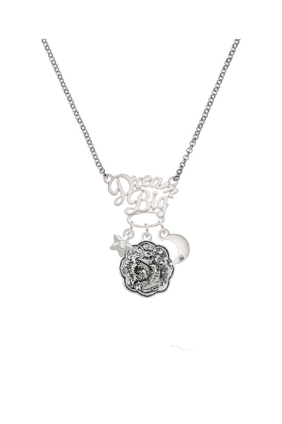 Silvertone Dragon and Phoenix Medallion Silvertone Dream Big Pendant Necklace, 25"