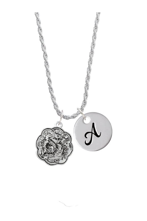 Silvertone Dragon and Phoenix Medallion Silvertone Script Initial Disc - A - Charm Necklace, 20"+3"