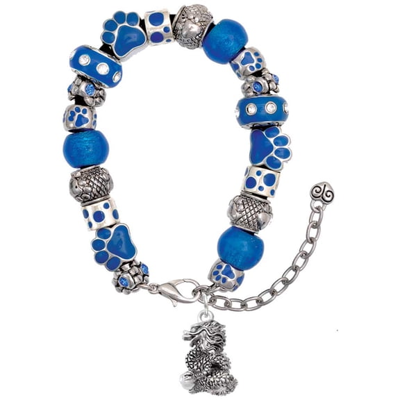 Delight Jewelry Silvertone Dragon with AB Crystal Eyes & Clear Ball Blue Paw Print Bead Bracelet, 7"+2"
