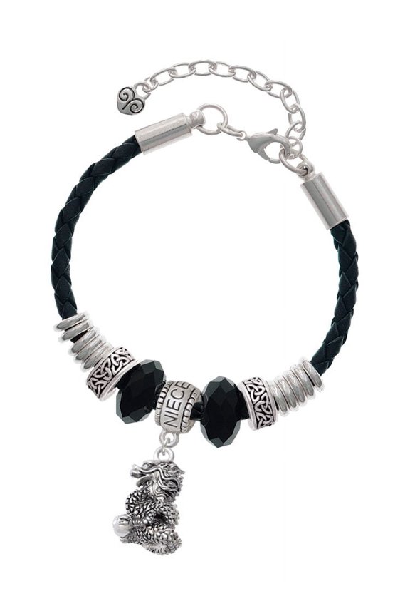 Silvertone Dragon with AB Crystal Eyes & Clear Ball Niece Celtic Knot Leather Bead Bracelet, 7"+2" Extender