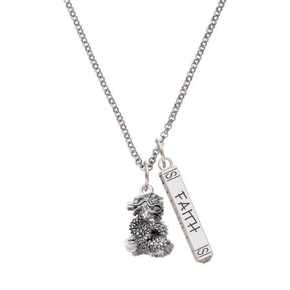 Delight Jewelry Silvertone Dragon with AB Crystal Eyes & Clear Ball Silvertone Believe Faith Prayer Hope Bar Charm Necklace, 23"