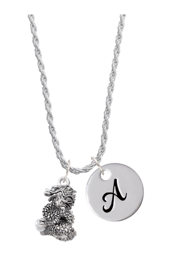 Silvertone Dragon with AB Crystal Eyes & Clear Ball Silvertone Script Initial Disc - A - Charm Necklace, 20"+3"