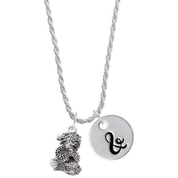 Delight Jewelry Silvertone Dragon with AB Crystal Eyes & Clear Ball Silvertone Script Initial Disc - & - Charm Necklace, 20"+3"