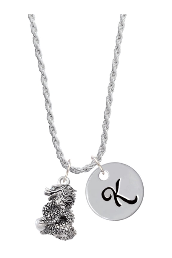 Silvertone Dragon with AB Crystal Eyes & Clear Ball Silvertone Script Initial Disc - K - Charm Necklace, 20"+3"