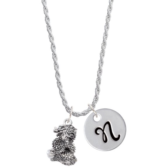 Delight Jewelry Silvertone Dragon with AB Crystal Eyes & Clear Ball Silvertone Script Initial Disc - N - Charm Necklace, 20"+3"