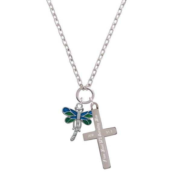 Delight Jewelry Silvertone Dragonfly with Green & Blue Wings Everlasting Love Engraved Cross Zoey Necklace, 28"