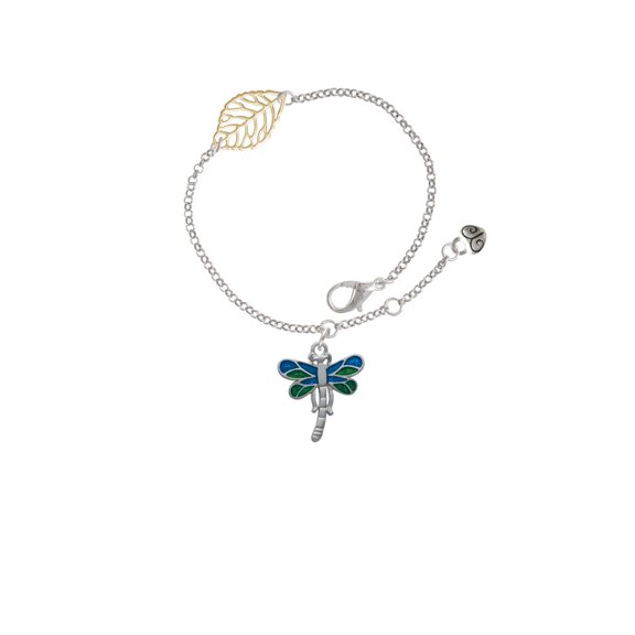 Delight Jewelry Silvertone Dragonfly with Green & Blue Wings - Goldtone Leaf Delicate Bracelet, 6.25+1.75"