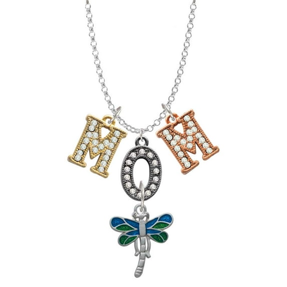 Delight Jewelry Silvertone Dragonfly with Green & Blue Wings Multi-Colored Crystal Mom Charm Necklace