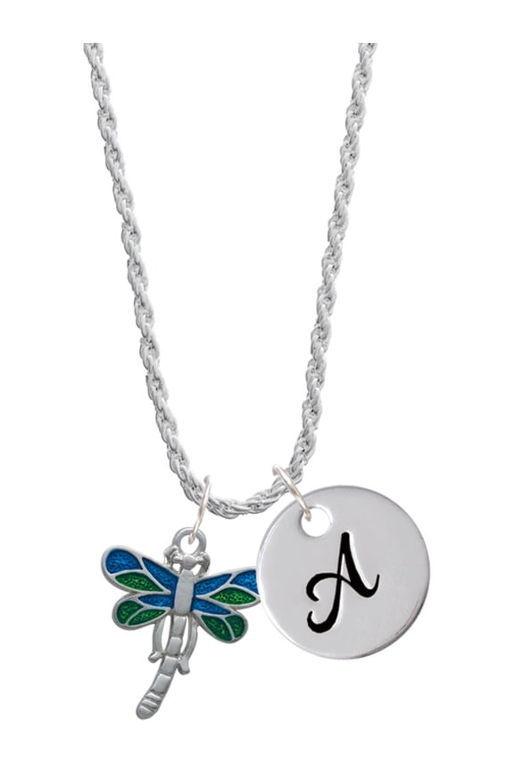 Silvertone Dragonfly with Green & Blue Wings Silvertone Script Initial Disc - A - Charm Necklace, 20"+3"