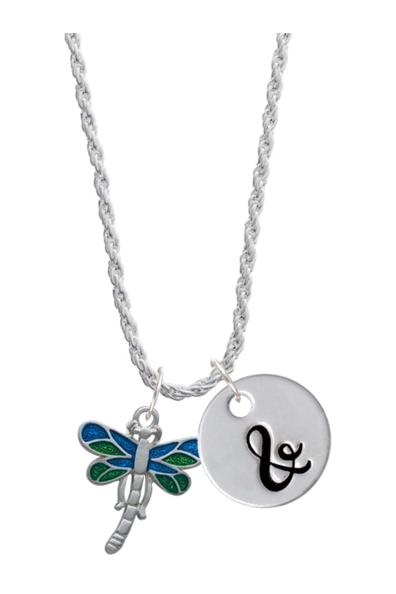 Silvertone Dragonfly with Green & Blue Wings Silvertone Script Initial Disc - & - Charm Necklace, 20"+3"