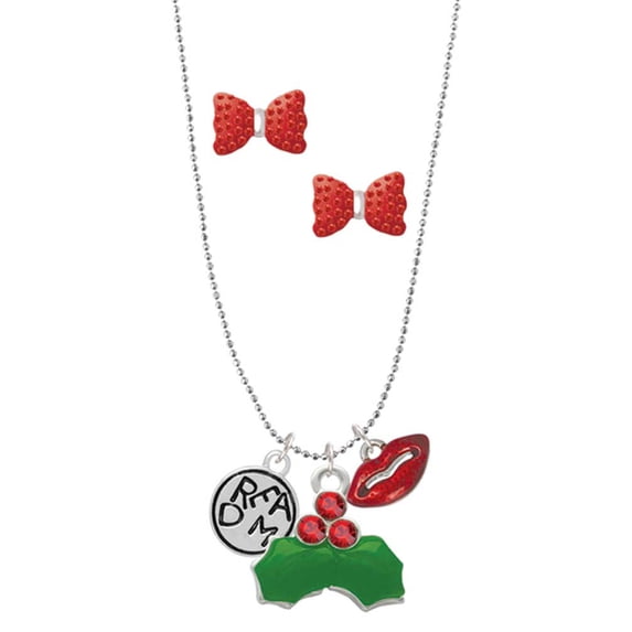 Delight Jewelry Silvertone Dream in Circle Christmas Kiss Charm Necklace and Stud Earrings