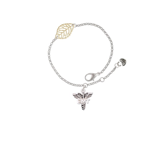 Delight Jewelry Silvertone EMT Caduceus - - Goldtone Leaf Delicate Bracelet, 6.25+1.75"
