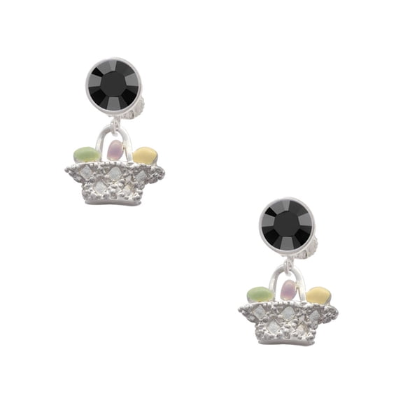 Delight Jewelry Silvertone Easter Egg Basket Black Crystal Clip on Earrings