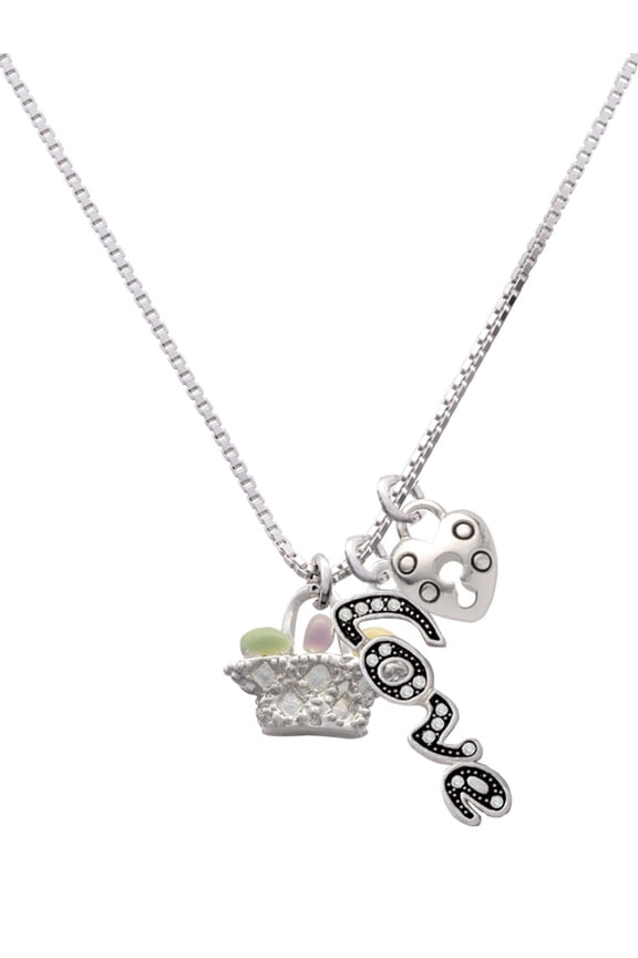 Silvertone Easter Egg Basket - Love and Lock Charm Necklace, 18"+1"