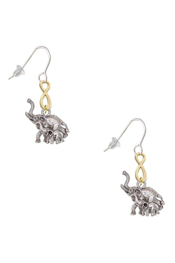 Silvertone Elephant with Baby Gold Tone Infinity French Earrings