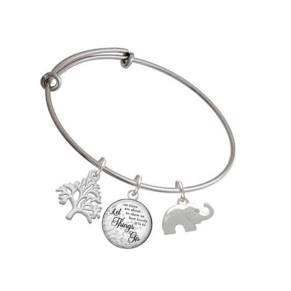 Delight Jewelry Silvertone Elephant with Crystal Eyes Silvertone Let Things Go Tree Charm Bangle Bracelet