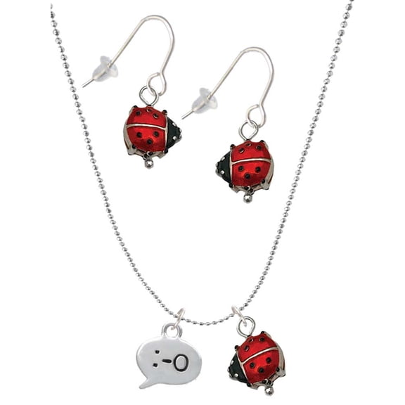 Delight Jewelry Silvertone Emoticon :-O - Surprise - Red Lucky Ladybug Necklace and Dangle Earrings Set