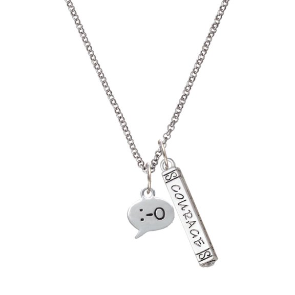 Delight Jewelry Silvertone Emoticon :-O - Surprise - Silvertone Courage Strength Wisdom Honesty Bar Charm Necklace, 23"