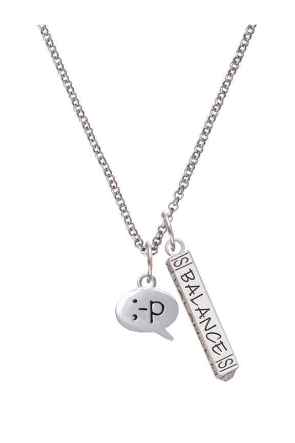 Silvertone Emoticon :-P - Cheeky - Silvertone Balance Bar Charm Necklace, 23"
