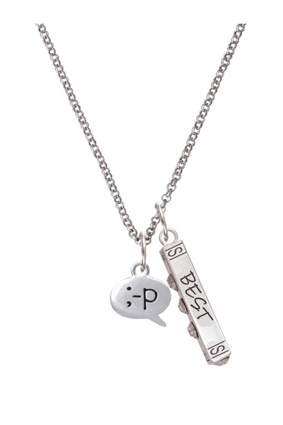 Silvertone Emoticon :-P - Cheeky - Silvertone Best Friends Forever Bar Charm Necklace, 23"