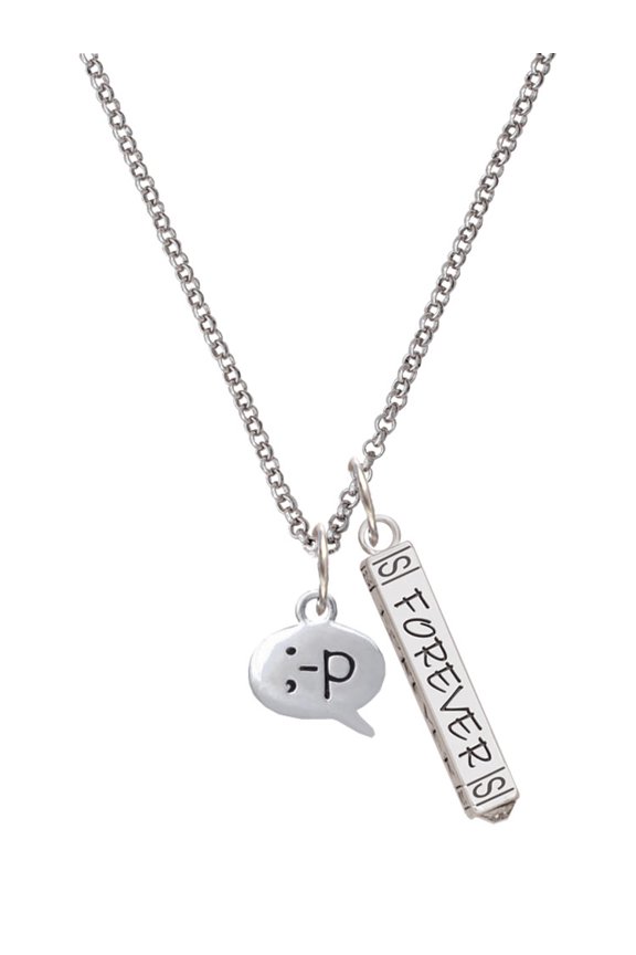 Silvertone Emoticon :-P - Cheeky - Silvertone Forever Bar Charm Necklace, 23"