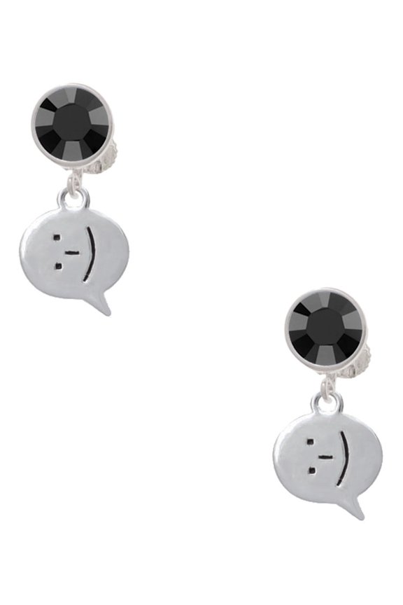 Silvertone Emoticon :-) - Smiling - Black Crystal Clip on Earrings