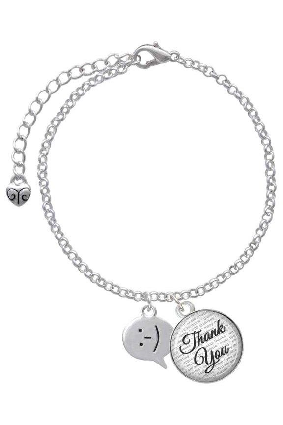 Silvertone Emoticon :-) - Smiling - Domed Thank You Charm Bracelet, 6"+2"