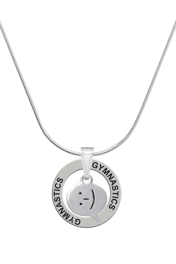 Silvertone Emoticon :-) - Smiling - Gymnastics Ring Charm Necklace, 18"