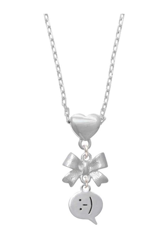 Silvertone Emoticon :-) - Smiling - Silver tone Bow Heart Necklace