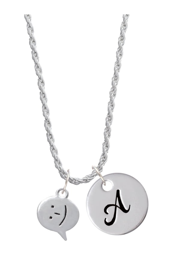 Silvertone Emoticon :-) - Smiling - Silvertone Script Initial Disc - A - Charm Necklace, 20"+3"