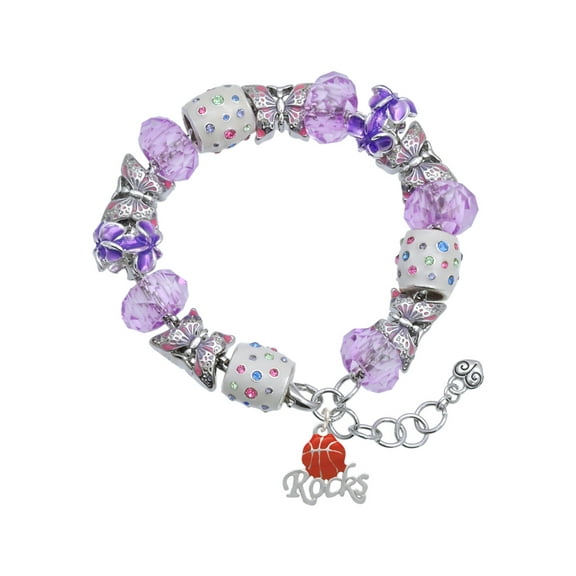 Delight Jewelry Silvertone Enamel Basketball ''Rocks'' Purple Butterfly Bead Charm Bracelet, 7"+1" Extender