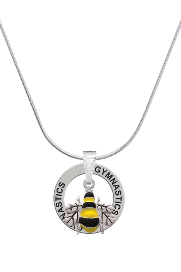 Silvertone Enamel Bee Gymnastics Ring Charm Necklace, 18"