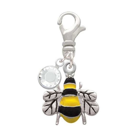 Delight Jewelry Silvertone Enamel Bee - Silvertone Clip on Charm with Clear Crystal Drop