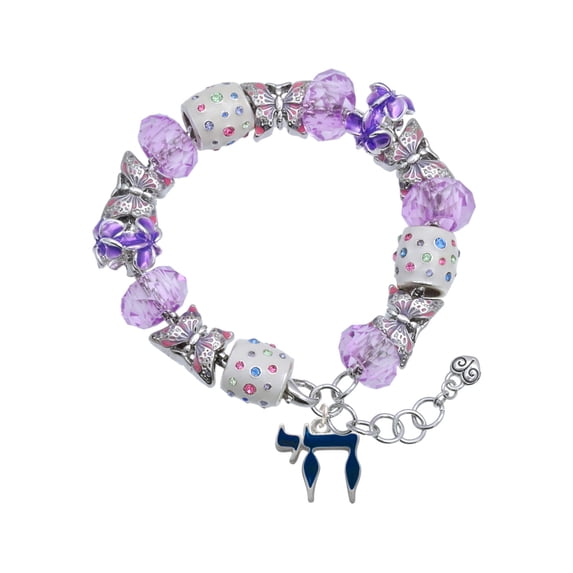 Delight Jewelry Silvertone Enamel Blue Chai Purple Butterfly Bead Charm Bracelet, 7"+1" Extender