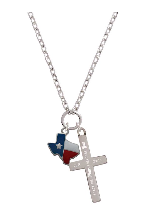Silvertone Enamel Lone Star Texas I Have Plans for You Engraved Cross Zoey Necklace, 28"
