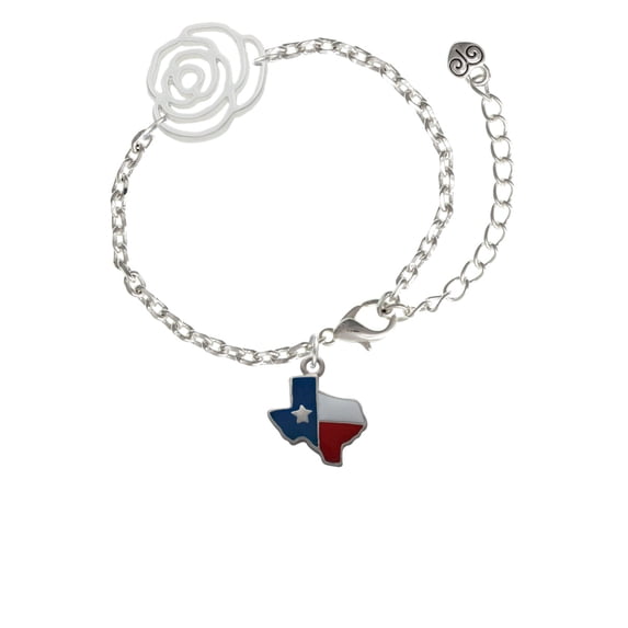Delight Jewelry Silvertone Enamel Lone Star Texas Silver-tone Flower Link Chain Bracelet, 6.75"+2" Extender