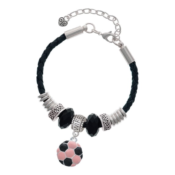 Delight Jewelry Silvertone Enamel Pink Soccer ball Wife Celtic Knot Leather Bead Bracelet, 7"+2" Extender