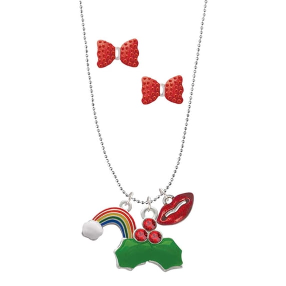 Delight Jewelry Silvertone Enamel Rainbow Christmas Kiss Charm Necklace and Stud Earrings